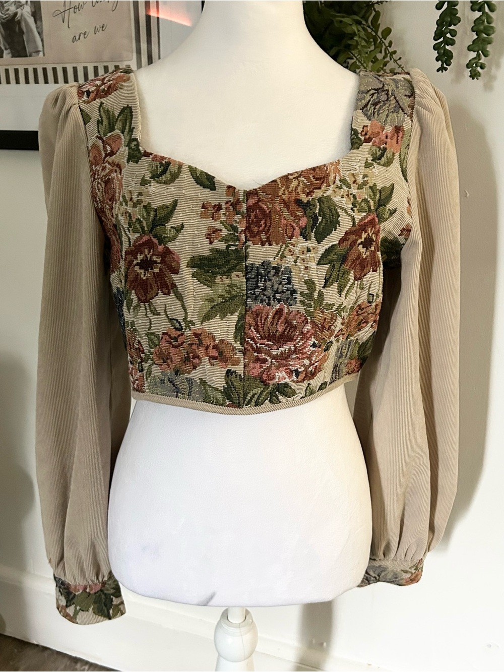 Cider Floral Tapestry Square-Neck Crop Top in Beige and Olive